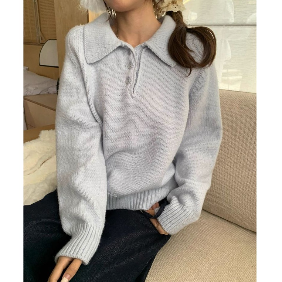bunny_stall 輕盈柔軟的奶油色調三粒扣Polo領針織毛衣/7Colors-規格圖9