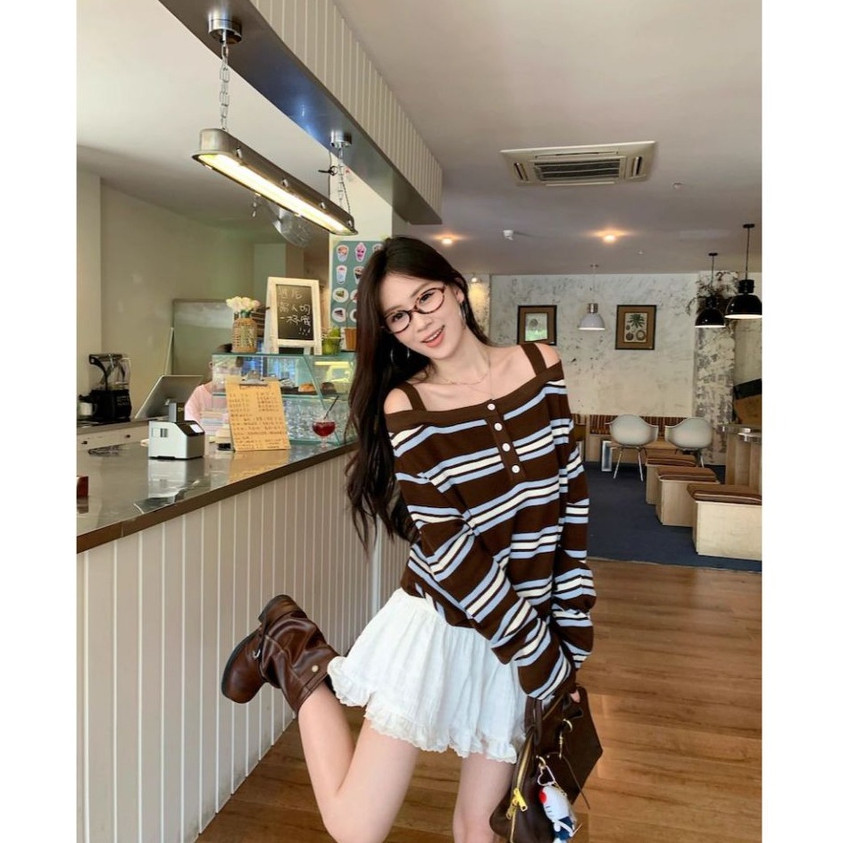 bunny_stall 美拉德色調復古慵懶感露肩條紋針織毛衣/S-L-細節圖2