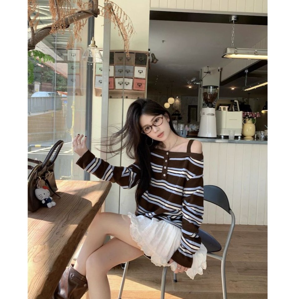 bunny_stall 美拉德色調復古慵懶感露肩條紋針織毛衣/S-L-細節圖4