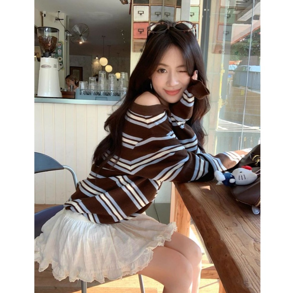 bunny_stall 美拉德色調復古慵懶感露肩條紋針織毛衣/S-L-細節圖5