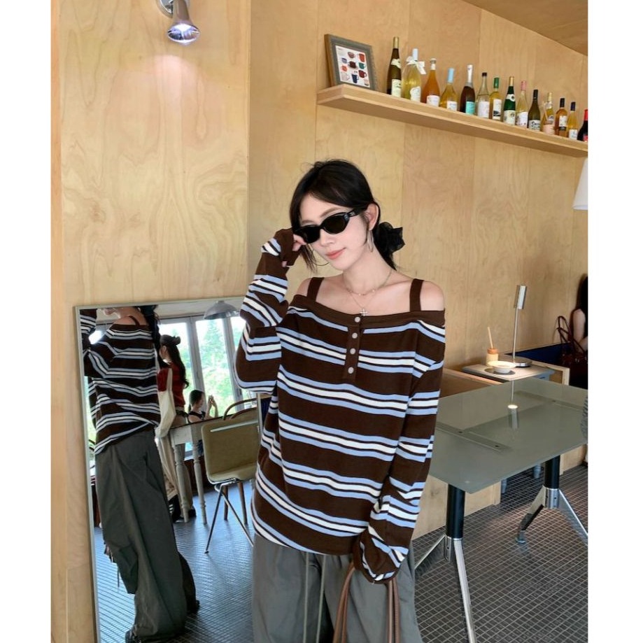 bunny_stall 美拉德色調復古慵懶感露肩條紋針織毛衣/S-L-細節圖6