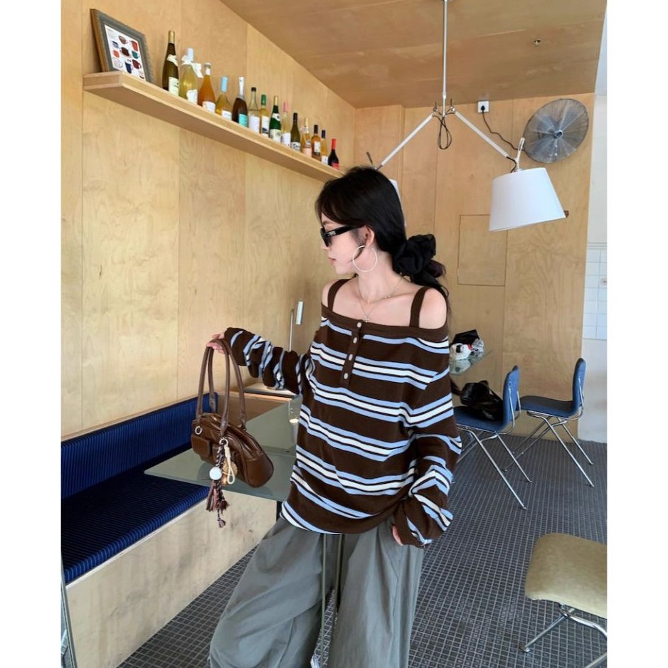bunny_stall 美拉德色調復古慵懶感露肩條紋針織毛衣/S-L-細節圖7