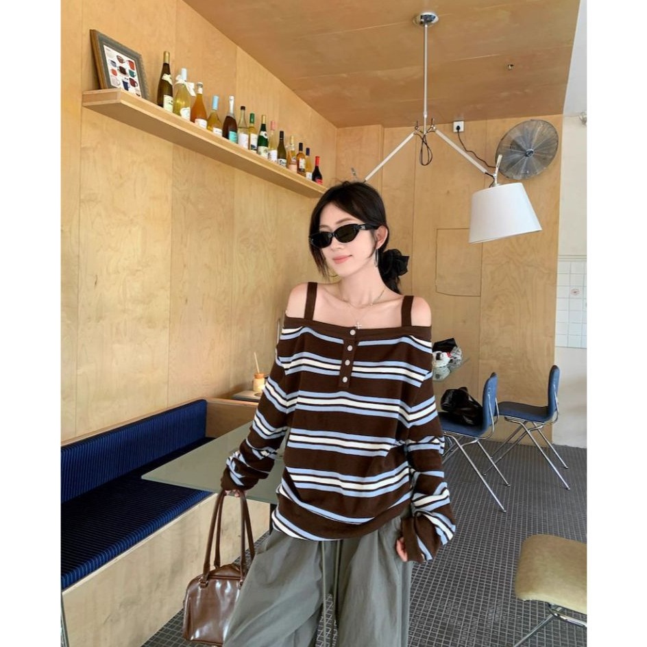 bunny_stall 美拉德色調復古慵懶感露肩條紋針織毛衣/S-L-細節圖8