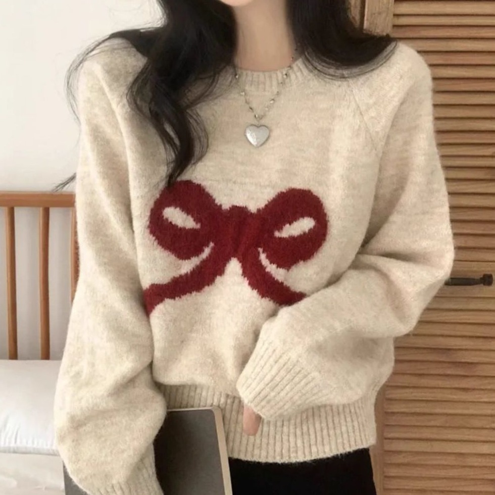 bunny_stall 甜美的鄰家女孩蝴蝶結緹花圓領針織毛衣/3Colors-細節圖2