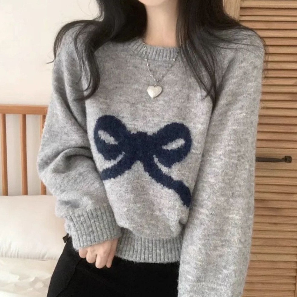 bunny_stall 甜美的鄰家女孩蝴蝶結緹花圓領針織毛衣/3Colors-細節圖4