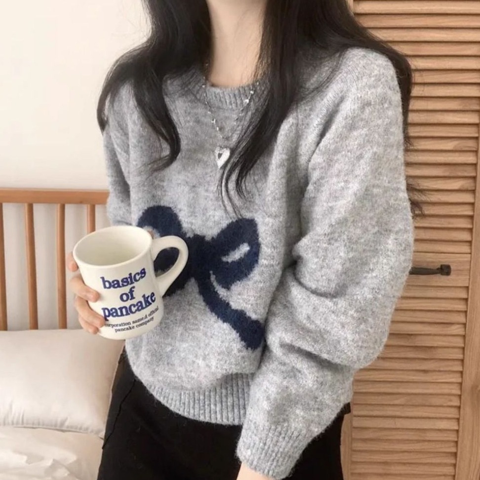 bunny_stall 甜美的鄰家女孩蝴蝶結緹花圓領針織毛衣/3Colors-細節圖5