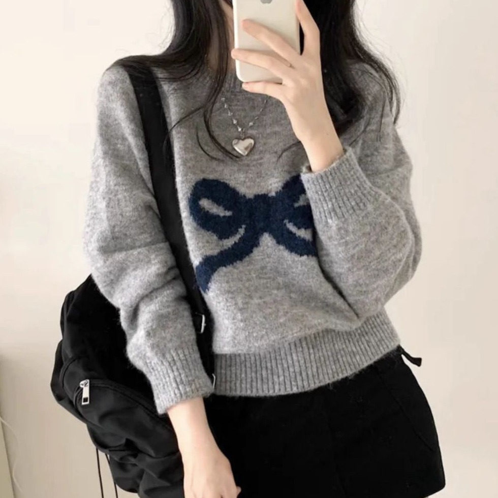 bunny_stall 甜美的鄰家女孩蝴蝶結緹花圓領針織毛衣/3Colors-細節圖6