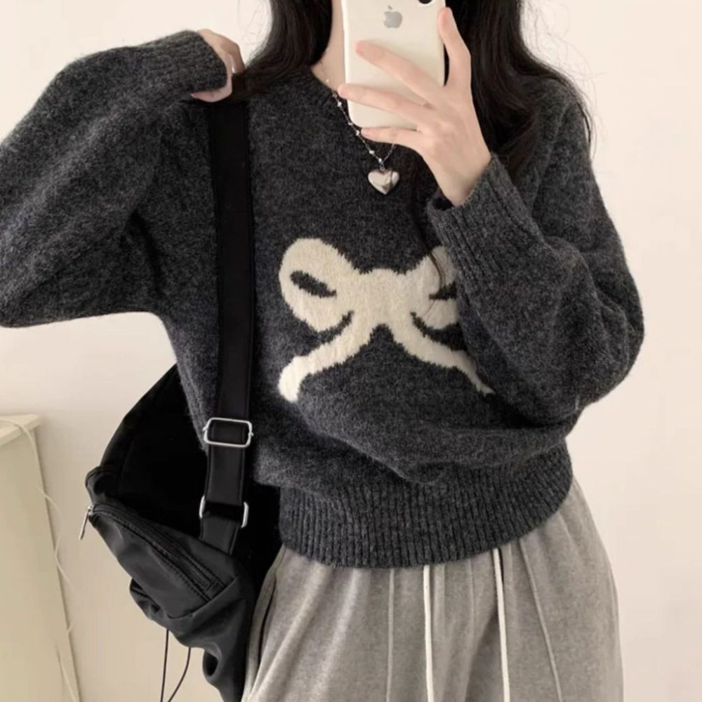 bunny_stall 甜美的鄰家女孩蝴蝶結緹花圓領針織毛衣/3Colors-細節圖7