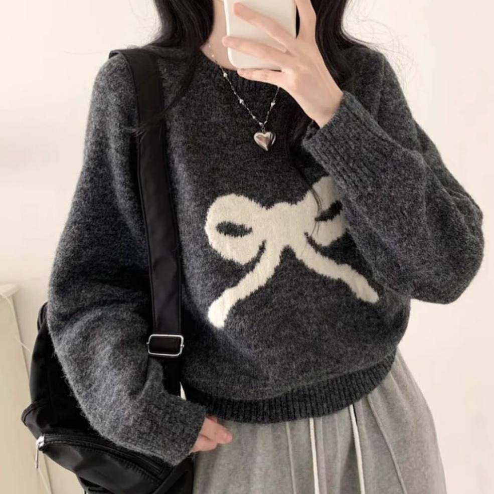 bunny_stall 甜美的鄰家女孩蝴蝶結緹花圓領針織毛衣/3Colors-細節圖8