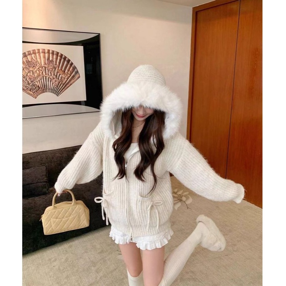 bunny_stall 冬日初雪❄️甜美雙口袋設計厚實款保暖針織連帽外套/毛領可拆-細節圖3