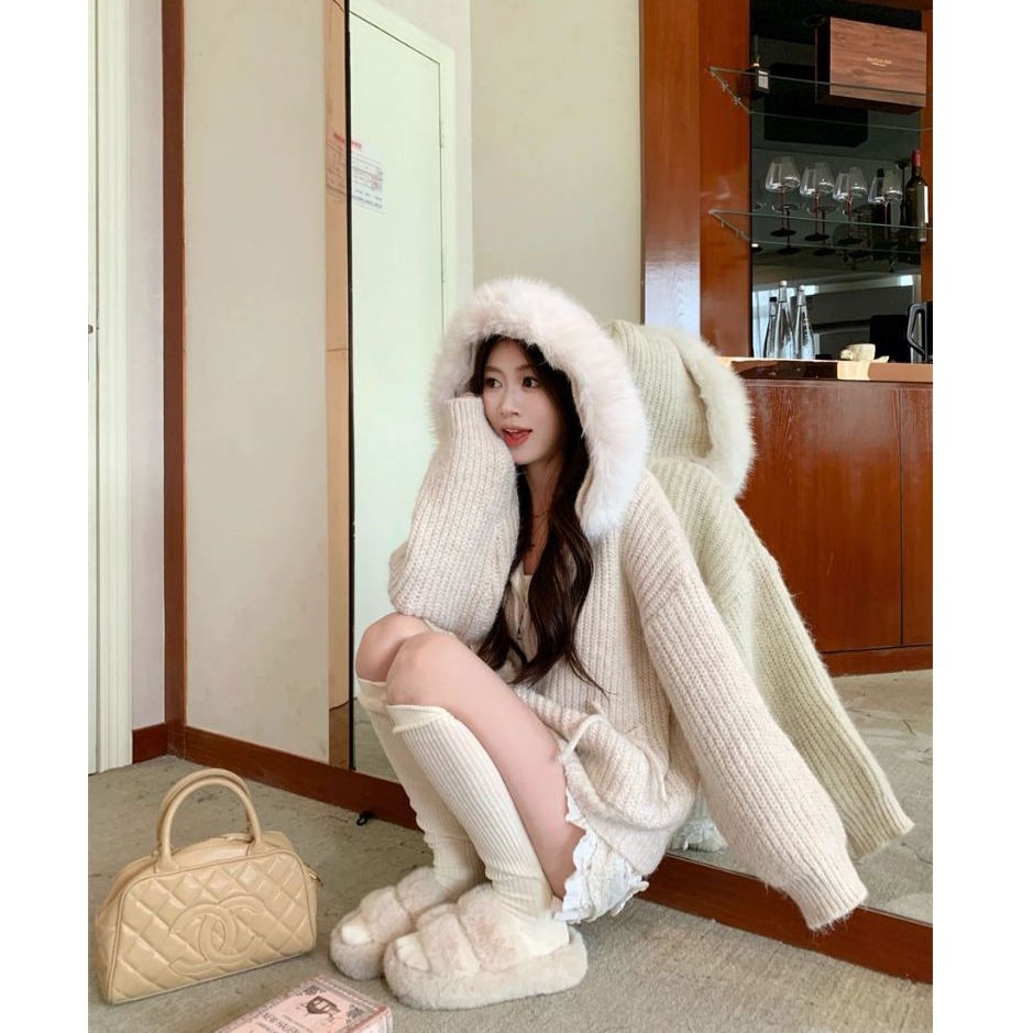 bunny_stall 冬日初雪❄️甜美雙口袋設計厚實款保暖針織連帽外套/毛領可拆-細節圖4