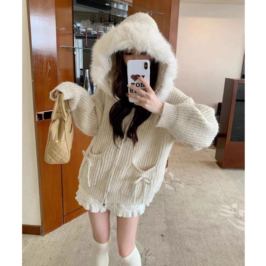 bunny_stall 冬日初雪❄️甜美雙口袋設計厚實款保暖針織連帽外套/毛領可拆-細節圖5