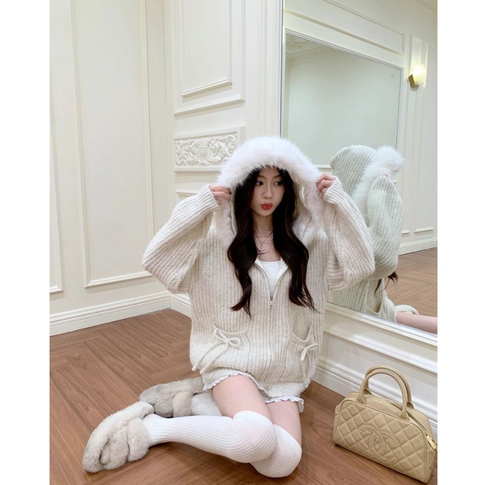 bunny_stall 冬日初雪❄️甜美雙口袋設計厚實款保暖針織連帽外套/毛領可拆-細節圖6