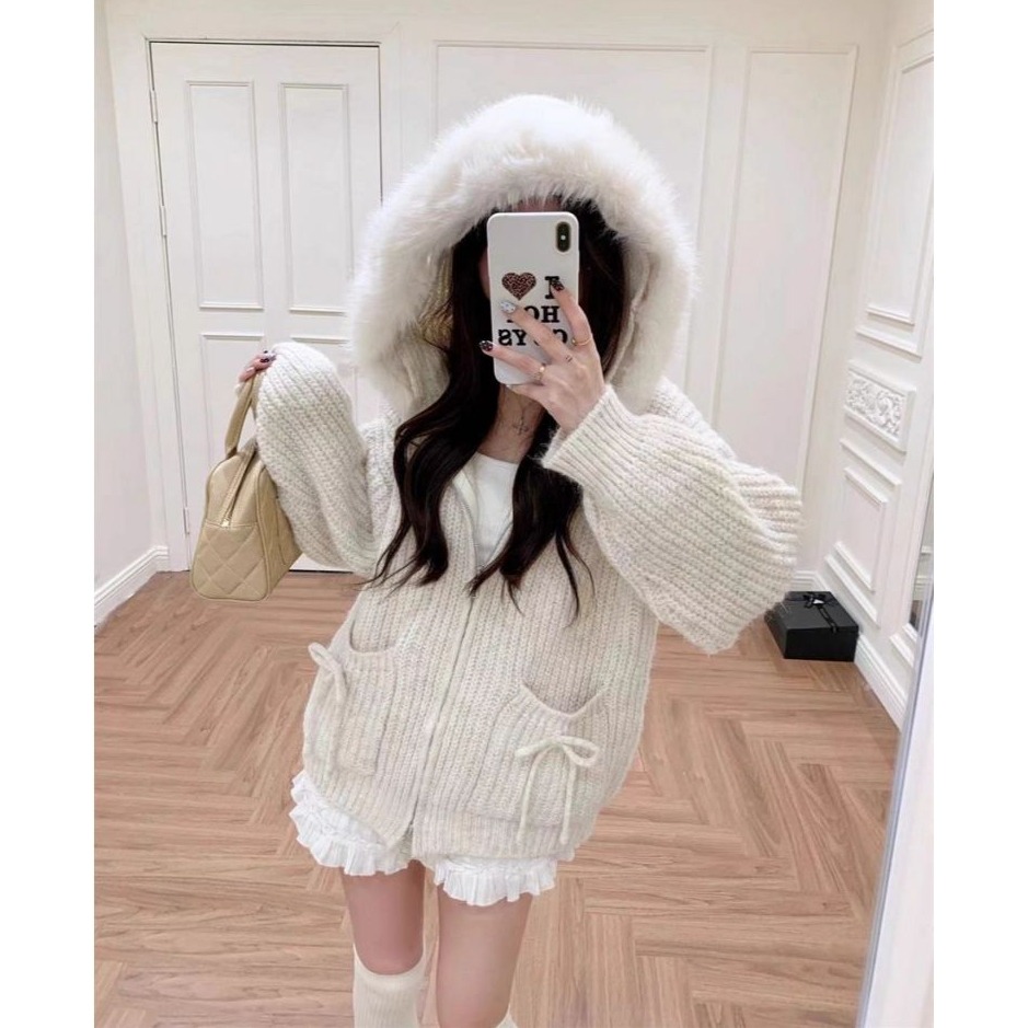 bunny_stall 冬日初雪❄️甜美雙口袋設計厚實款保暖針織連帽外套/毛領可拆-細節圖7