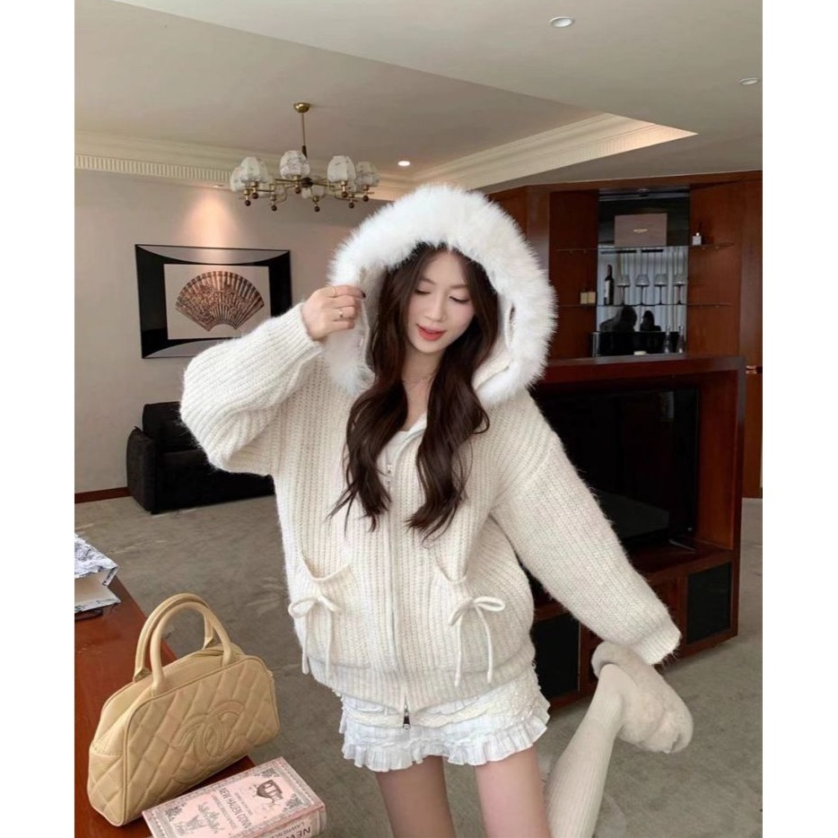 bunny_stall 冬日初雪❄️甜美雙口袋設計厚實款保暖針織連帽外套/毛領可拆-細節圖8