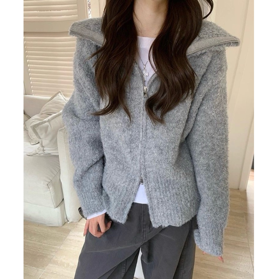 bunny_stall 繆斯之語🤍雙拉鏈翻領設計厚實款針織外套/3Colors-細節圖5