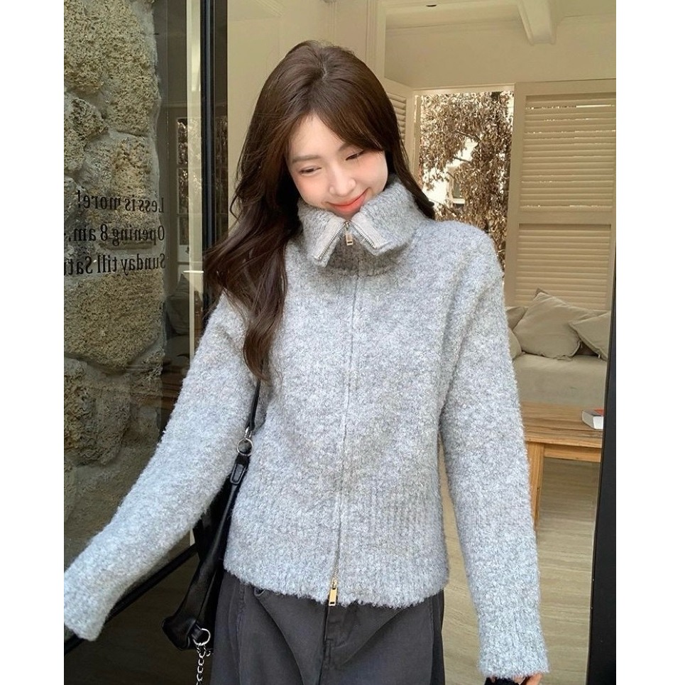 bunny_stall 繆斯之語🤍雙拉鏈翻領設計厚實款針織外套/3Colors-細節圖6