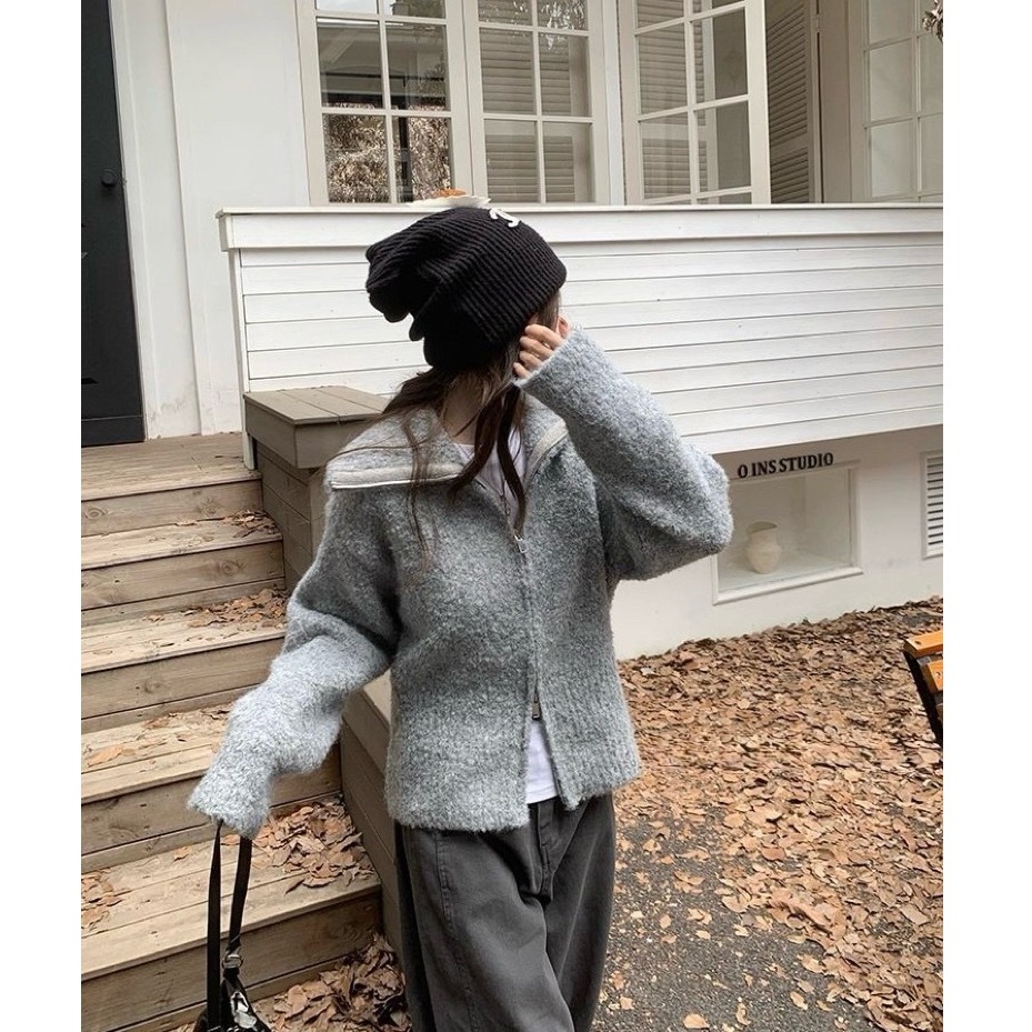 bunny_stall 繆斯之語🤍雙拉鏈翻領設計厚實款針織外套/3Colors-細節圖7