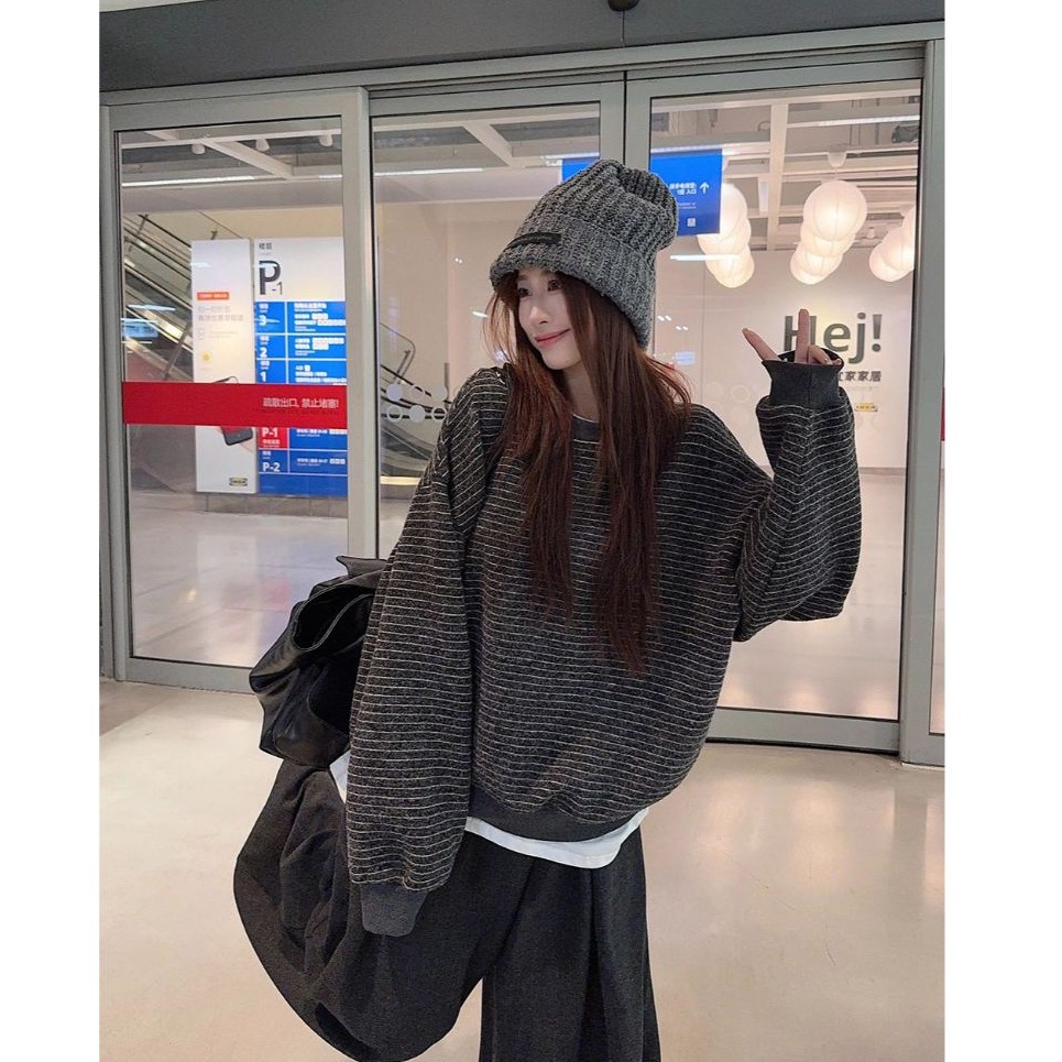 bunny_stall 休閒慵懶的經典條紋厚實款圓領衛衣/大學T/S-L-細節圖2