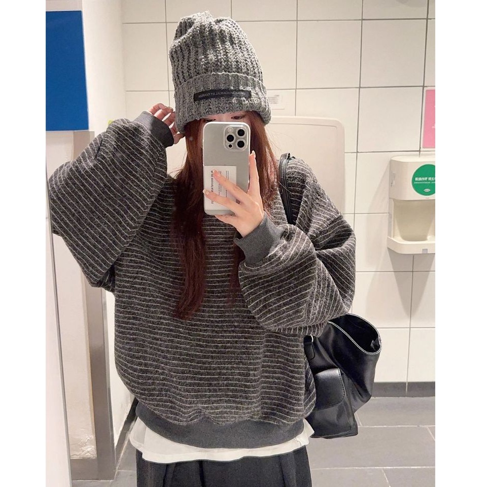 bunny_stall 休閒慵懶的經典條紋厚實款圓領衛衣/大學T/S-L-細節圖3