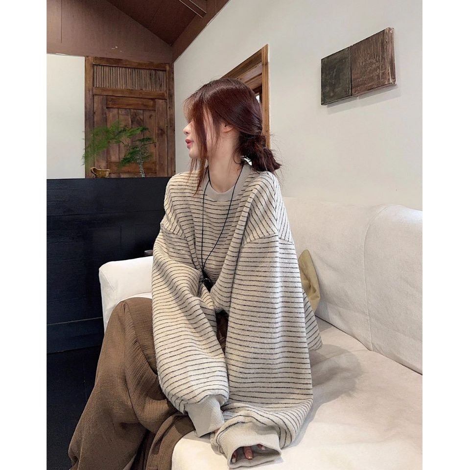 bunny_stall 休閒慵懶的經典條紋厚實款圓領衛衣/大學T/S-L-細節圖6