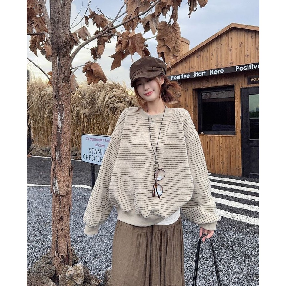 bunny_stall 休閒慵懶的經典條紋厚實款圓領衛衣/大學T/S-L-細節圖7