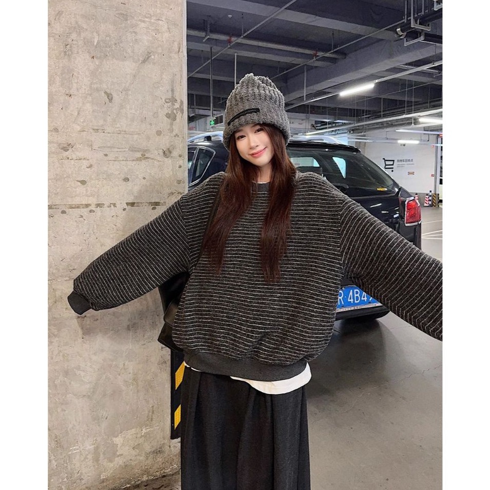 bunny_stall 休閒慵懶的經典條紋厚實款圓領衛衣/大學T/S-L-規格圖7