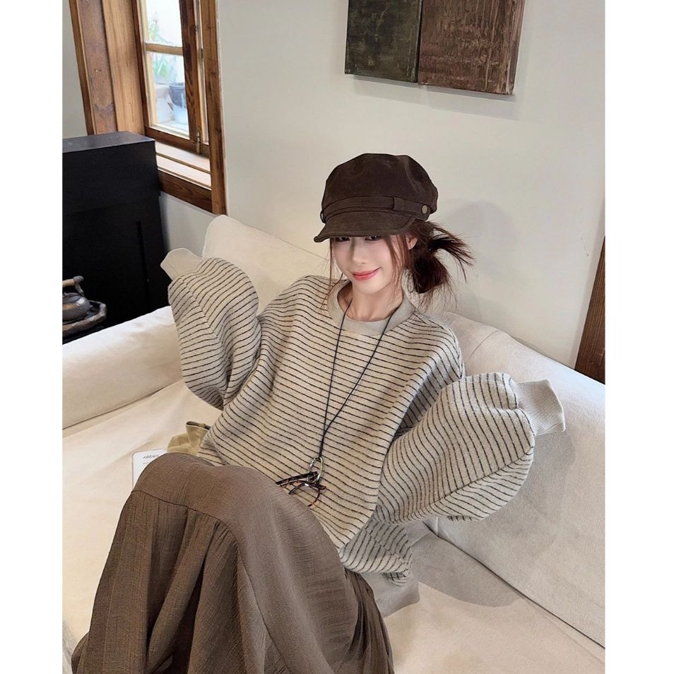 bunny_stall 休閒慵懶的經典條紋厚實款圓領衛衣/大學T/S-L-規格圖7