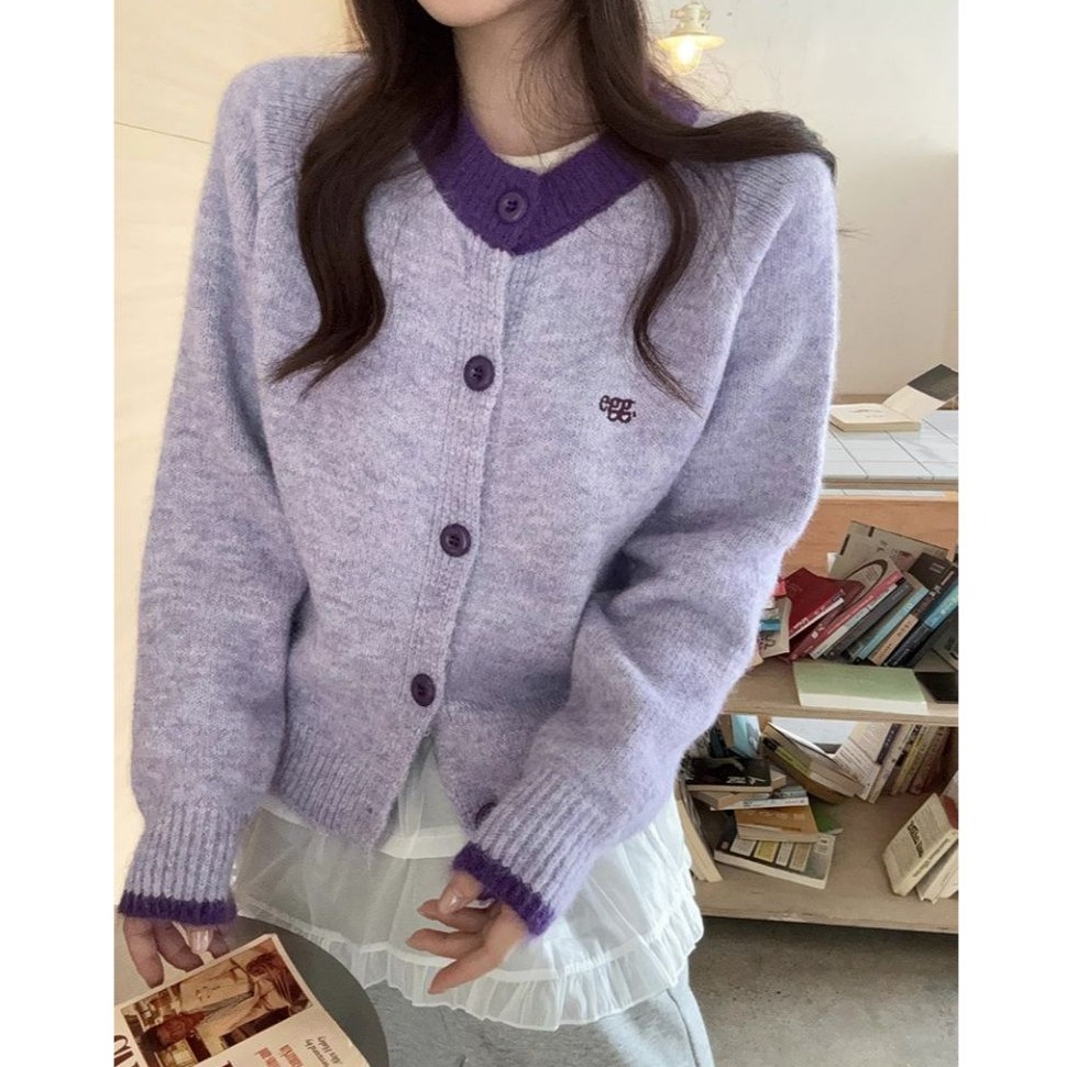 bunny_stall 珍妮的糖果屋🍬多巴胺色調簡約撞色圓領針織外套/4Colors-細節圖2