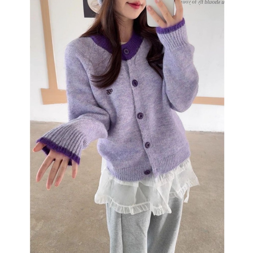 bunny_stall 珍妮的糖果屋🍬多巴胺色調簡約撞色圓領針織外套/4Colors-細節圖3