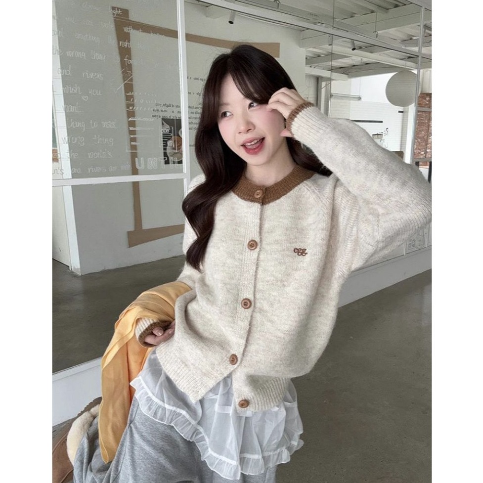 bunny_stall 珍妮的糖果屋🍬多巴胺色調簡約撞色圓領針織外套/4Colors-細節圖7