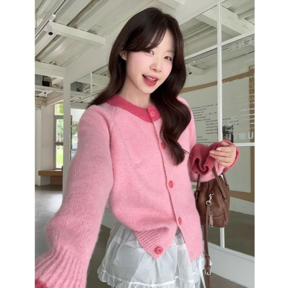 bunny_stall 珍妮的糖果屋🍬多巴胺色調簡約撞色圓領針織外套/4Colors-細節圖8