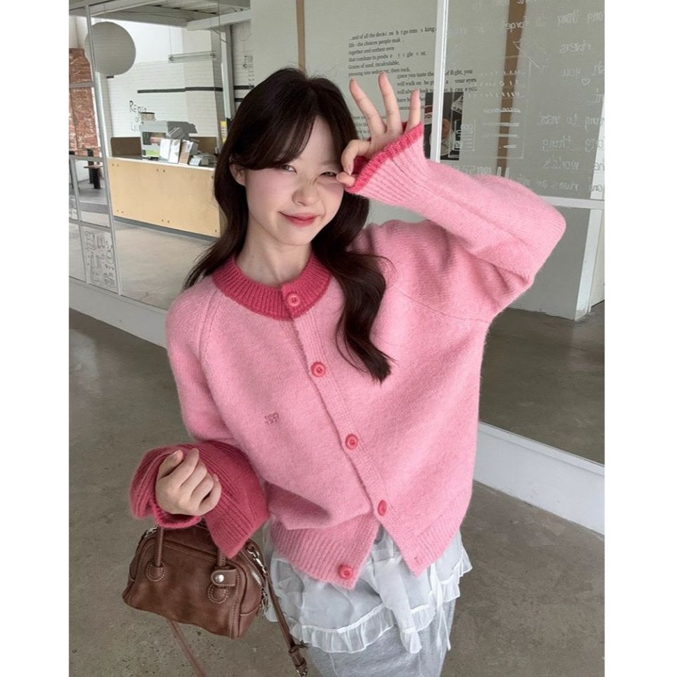 bunny_stall 珍妮的糖果屋🍬多巴胺色調簡約撞色圓領針織外套/4Colors-細節圖9