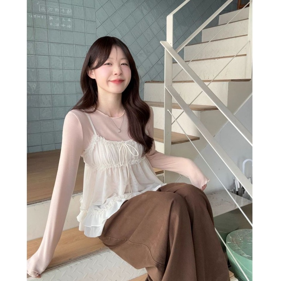 bunny_stall 日系甜美穿搭術💖粉色圓領內搭+蕾絲拼接蓬蓬感吊帶背心/S-L-細節圖2