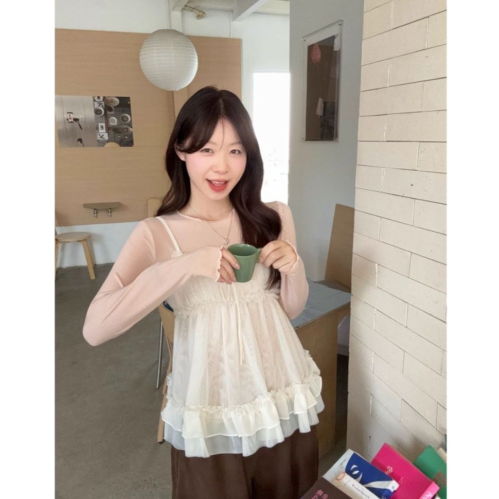 bunny_stall 日系甜美穿搭術💖粉色圓領內搭+蕾絲拼接蓬蓬感吊帶背心/S-L-細節圖4