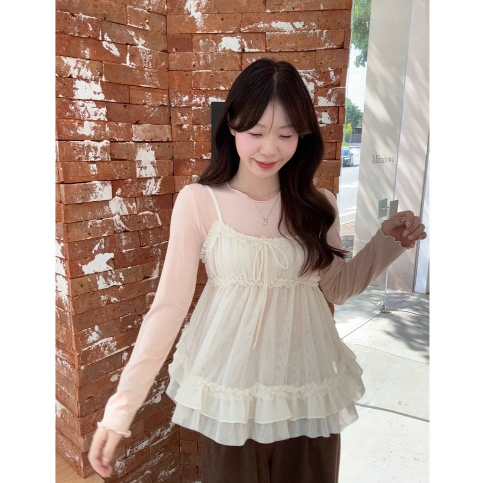 bunny_stall 日系甜美穿搭術💖粉色圓領內搭+蕾絲拼接蓬蓬感吊帶背心/S-L-細節圖5