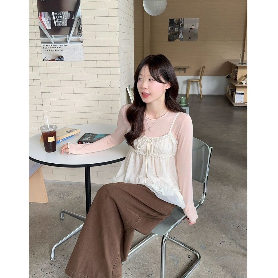 bunny_stall 日系甜美穿搭術💖粉色圓領內搭+蕾絲拼接蓬蓬感吊帶背心/S-L-細節圖6