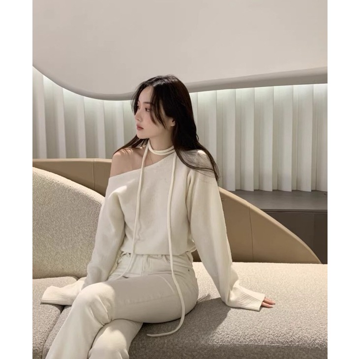 bunny_stall 我的浪漫法式感🤍氣質款斜肩露肩針織衫/附頸帶-細節圖2