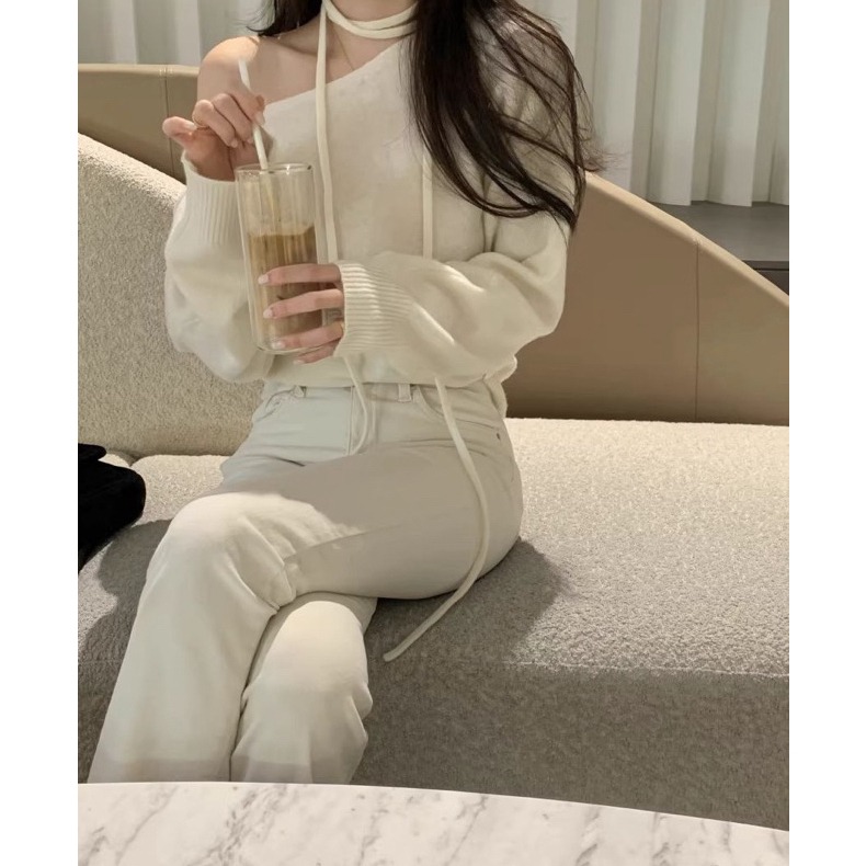 bunny_stall 我的浪漫法式感🤍氣質款斜肩露肩針織衫/附頸帶-細節圖3