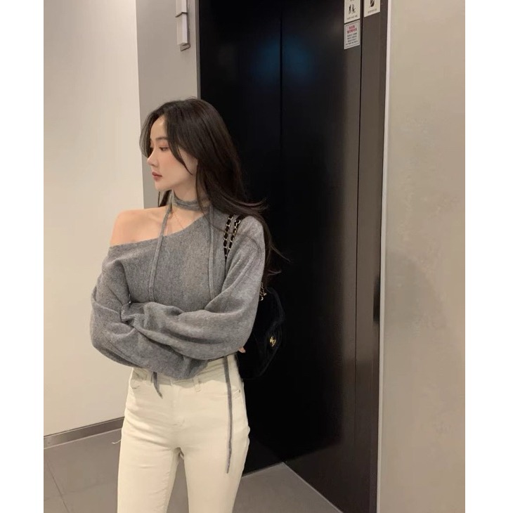 bunny_stall 我的浪漫法式感🤍氣質款斜肩露肩針織衫/附頸帶-細節圖5