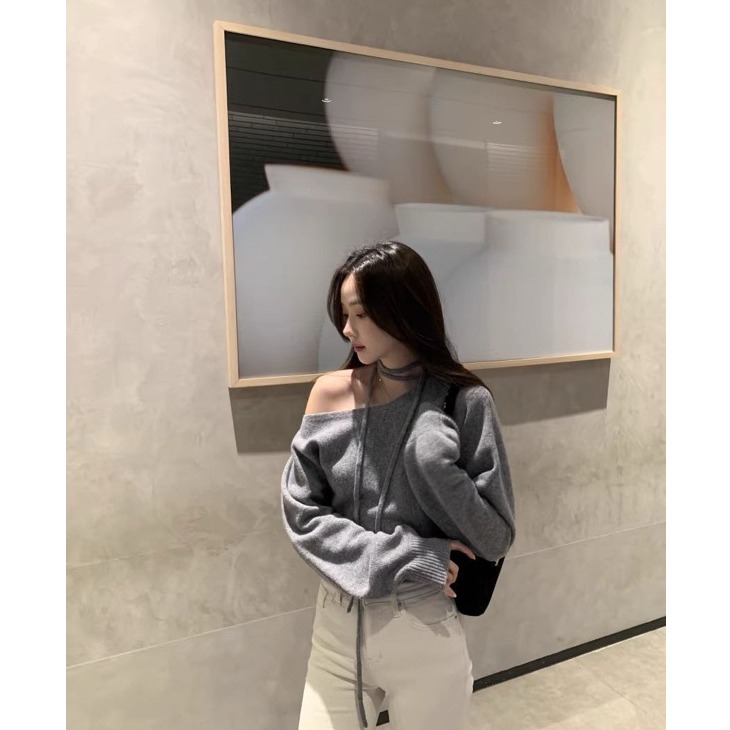 bunny_stall 我的浪漫法式感🤍氣質款斜肩露肩針織衫/附頸帶-細節圖6