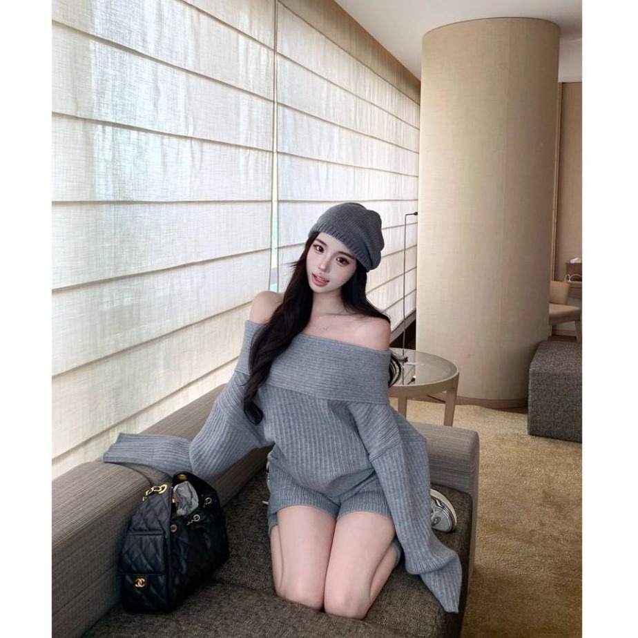 bunny_stall 純慾休閒感✨厚實柔軟的露肩針織毛衣+同色系彈力短褲/3Colors-細節圖2