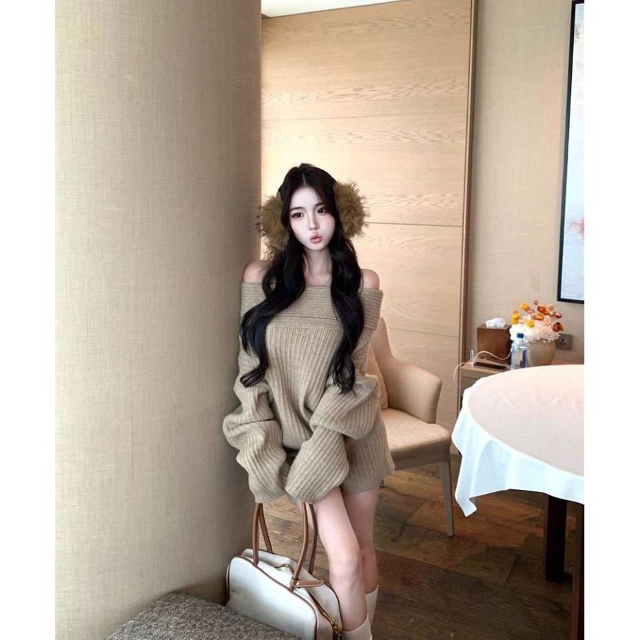bunny_stall 純慾休閒感✨厚實柔軟的露肩針織毛衣+同色系彈力短褲/3Colors-規格圖7