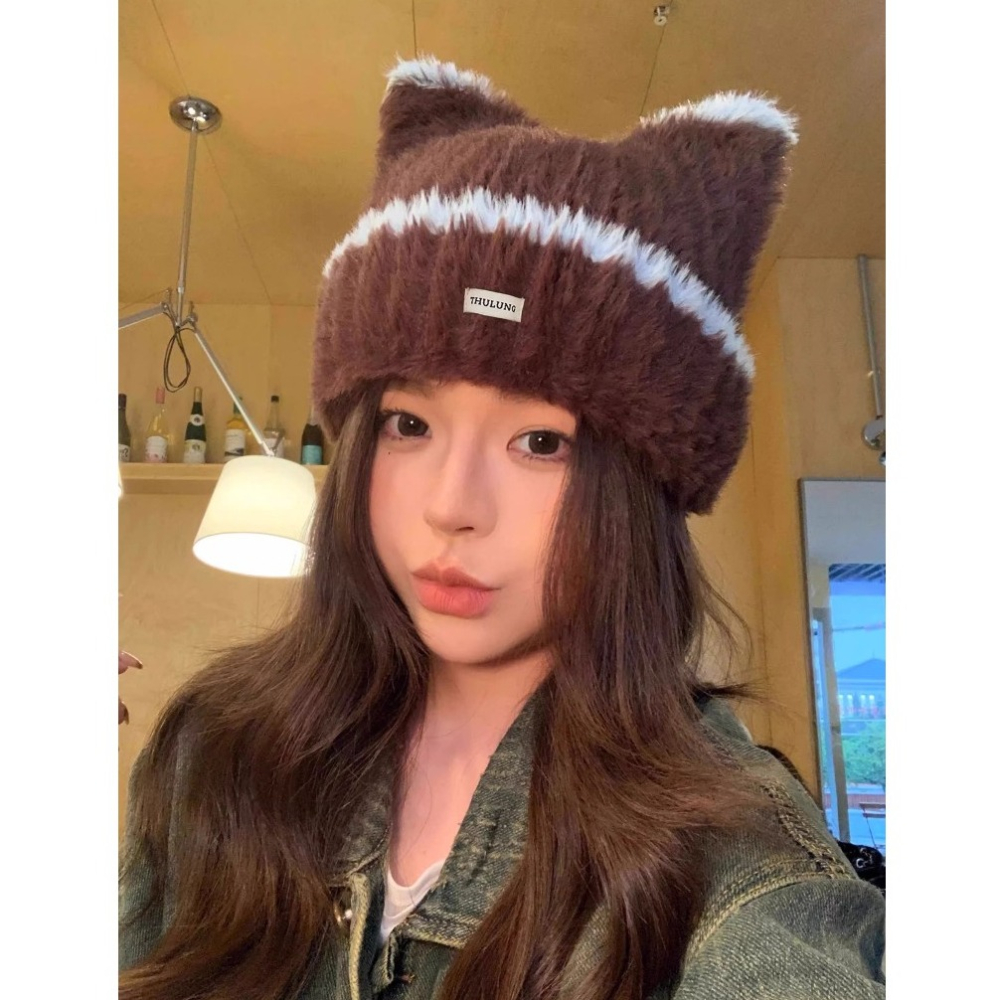 bunny_stall 🤎今年秋冬必收的毛絨貓耳朵撞色針織帽/4Colors-細節圖2