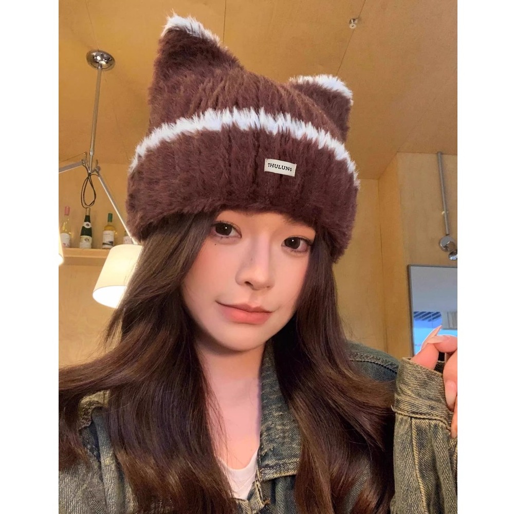 bunny_stall 🤎今年秋冬必收的毛絨貓耳朵撞色針織帽/4Colors-細節圖3
