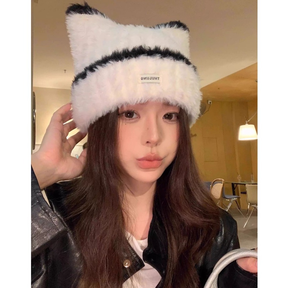 bunny_stall 🤎今年秋冬必收的毛絨貓耳朵撞色針織帽/4Colors-細節圖5
