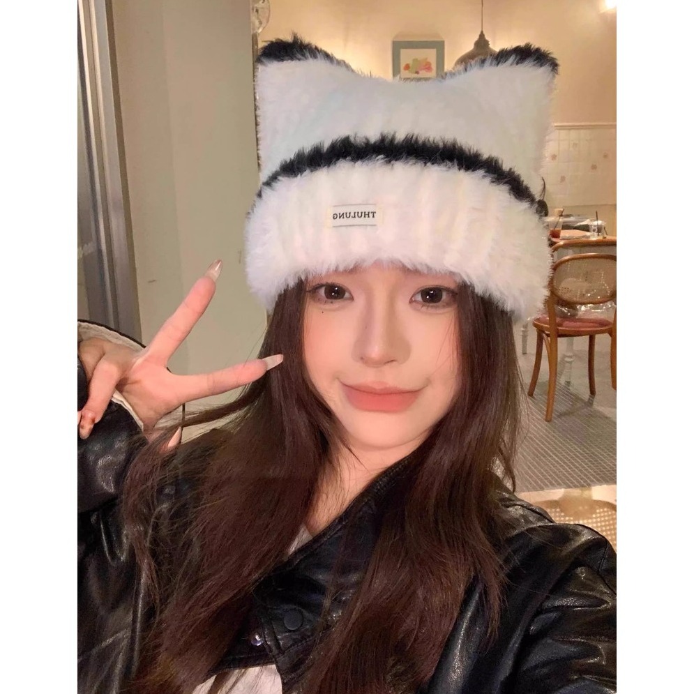 bunny_stall 🤎今年秋冬必收的毛絨貓耳朵撞色針織帽/4Colors-細節圖7