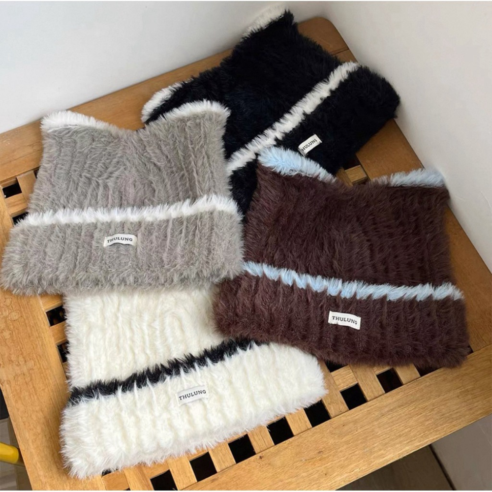 bunny_stall 🤎今年秋冬必收的毛絨貓耳朵撞色針織帽/4Colors-細節圖8