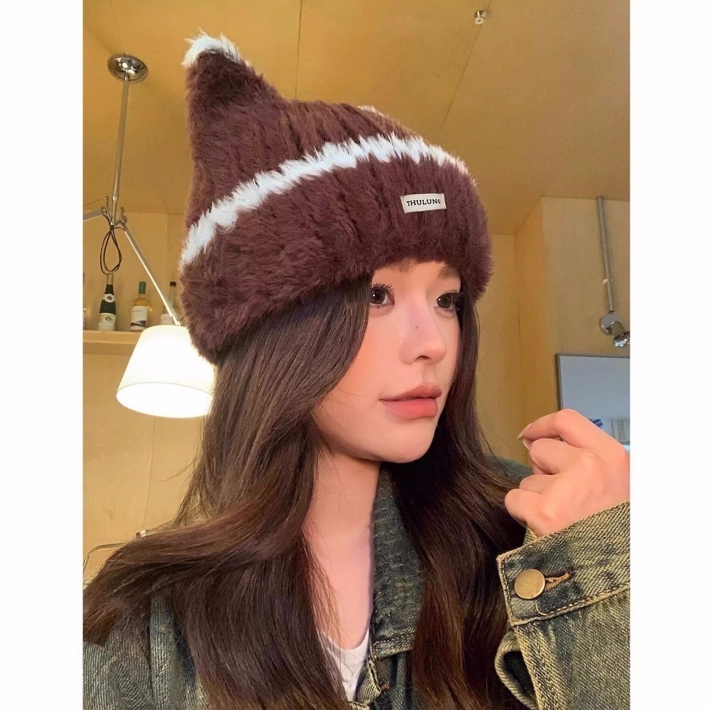 bunny_stall (現貨)🤎今年秋冬必收的毛絨貓耳朵撞色針織帽/4Colors-細節圖4