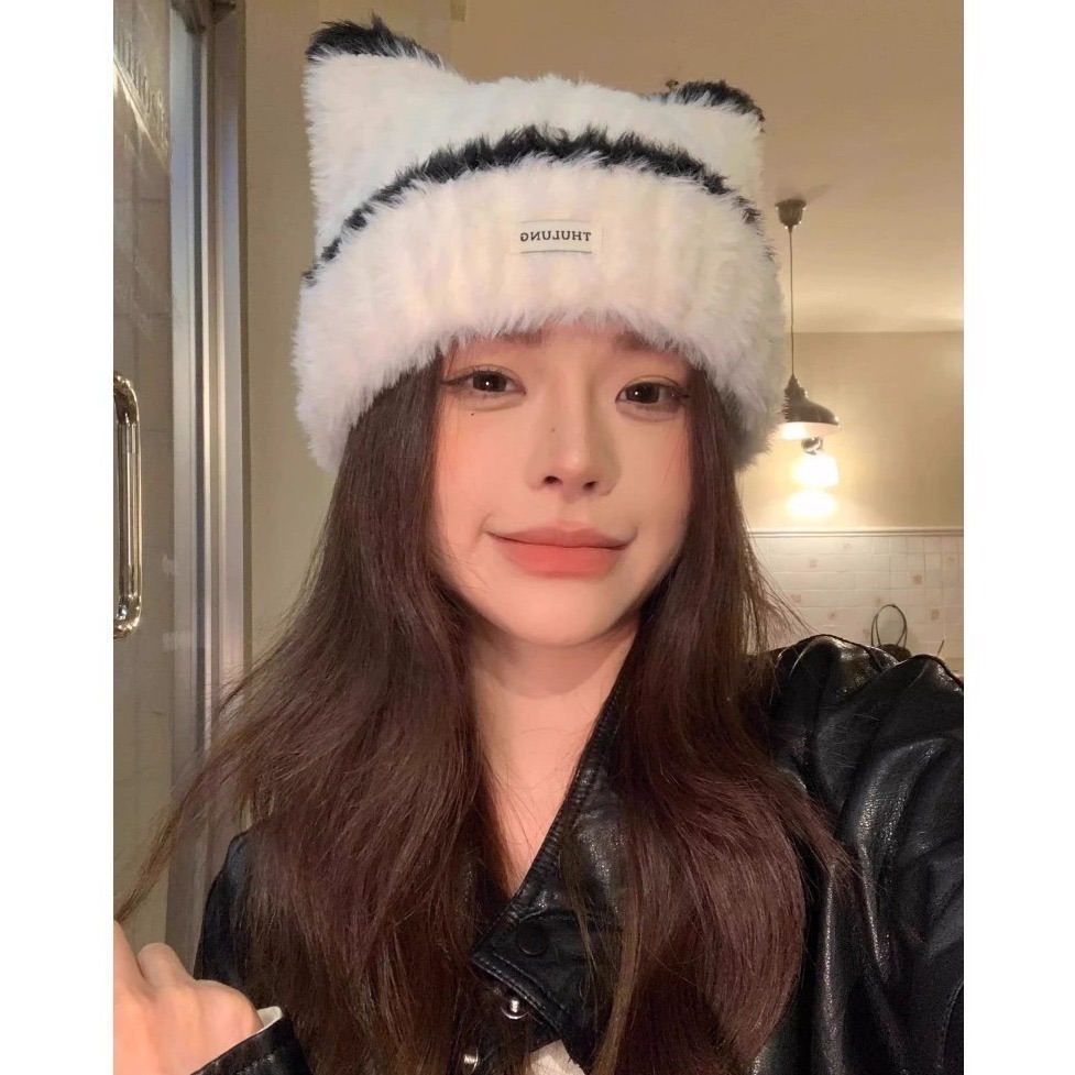 bunny_stall (現貨)🤎今年秋冬必收的毛絨貓耳朵撞色針織帽/4Colors-細節圖6